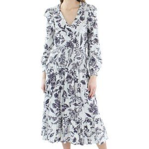 Aqua sz L Midi Dress Floral Women Smocked Floral Blue Gray Grey NWT New Linen。